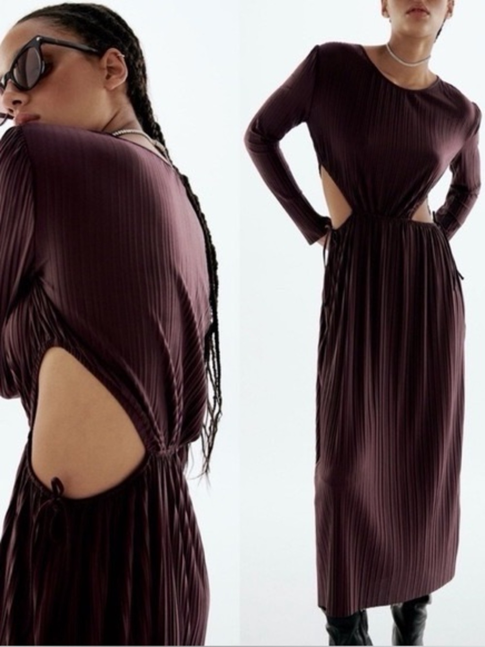 Zara Cutout Waist Plisse Pleat Long Sleeve Midi Dress Eggplant Medium M